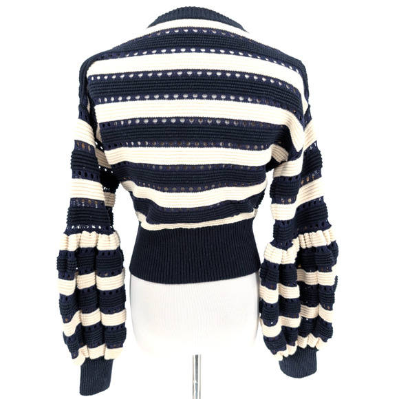 Self-Portrait Striped Balloon Sleeve Cropped Sweater Navy White Small Prep Twee - Picture 12 of 15